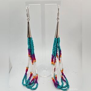 Handmade Beaded Turquoise Purple White Earrings Native Inspired Boho 5.5” New